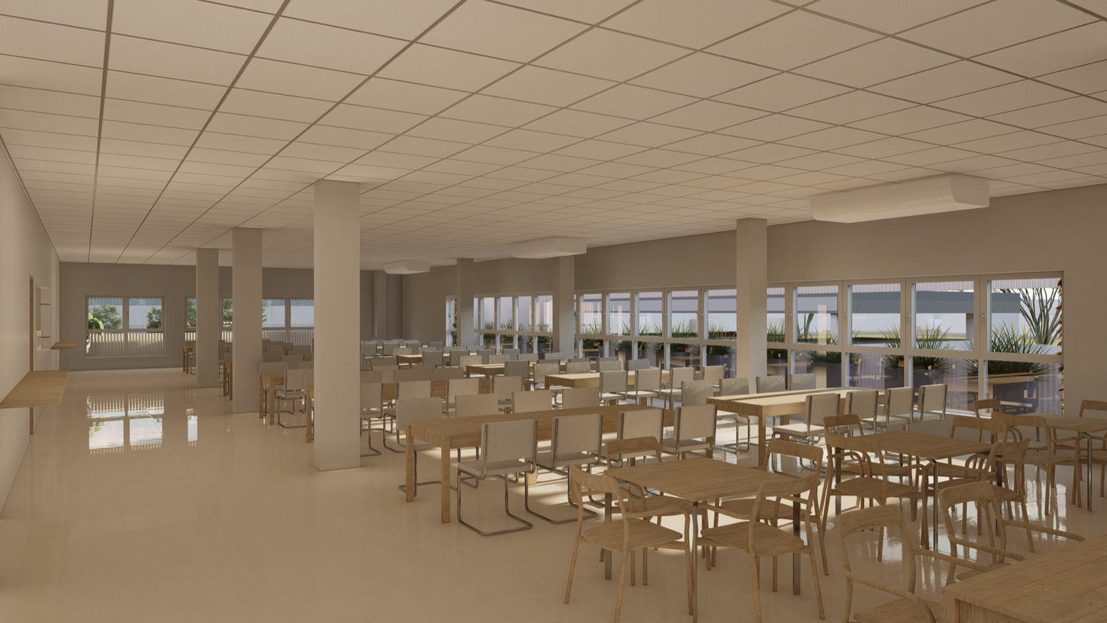 Render del comedor de las oficinas Asoprofarma