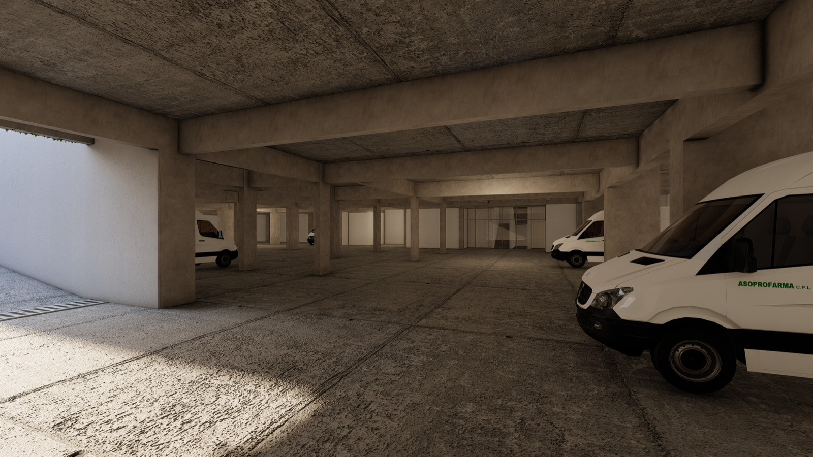 Render del sector de estacionamiento de las oficinas Asoprofarma