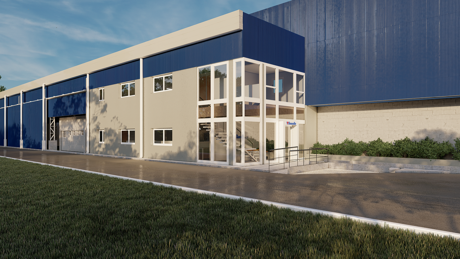 Render del conjunto depósito y oficinas de Taranto en Villa Elisa